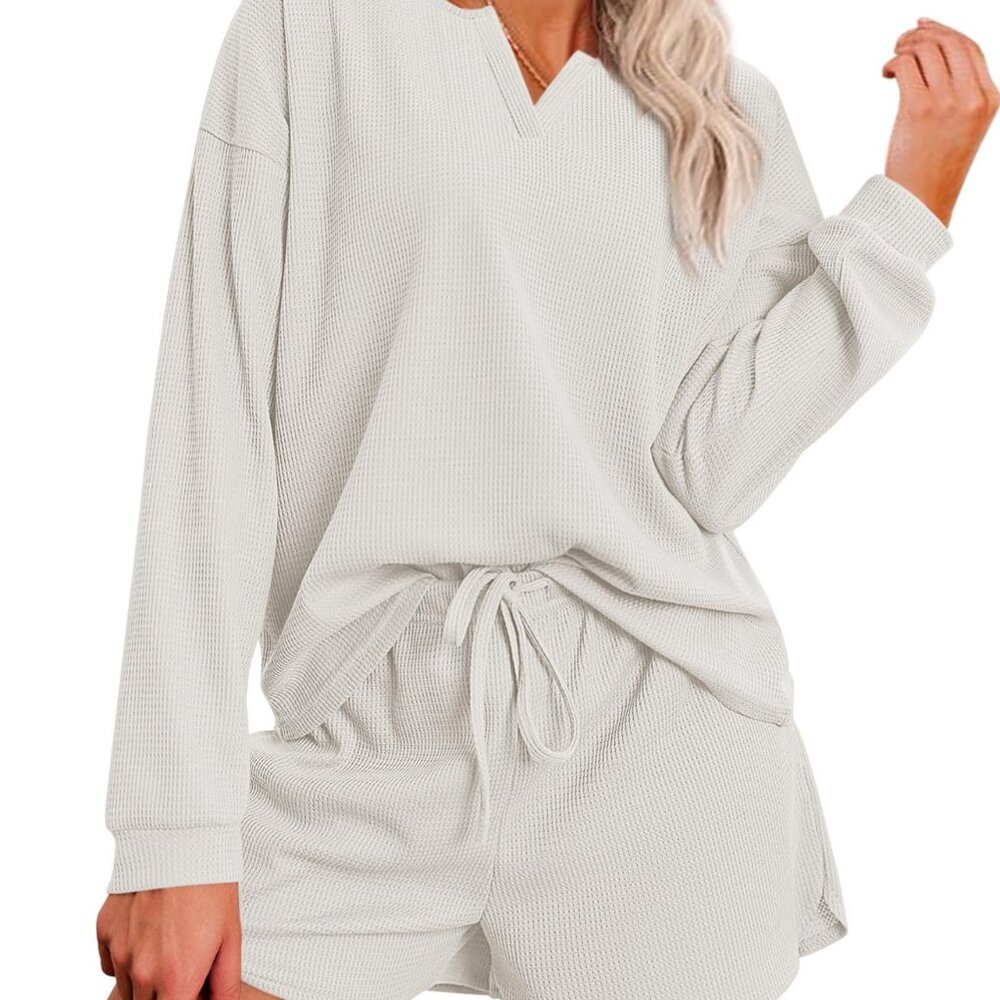 Waffle Knit Pajama Set Long Sleeve Top & Shorts Lounge Sleepwear S-XXL